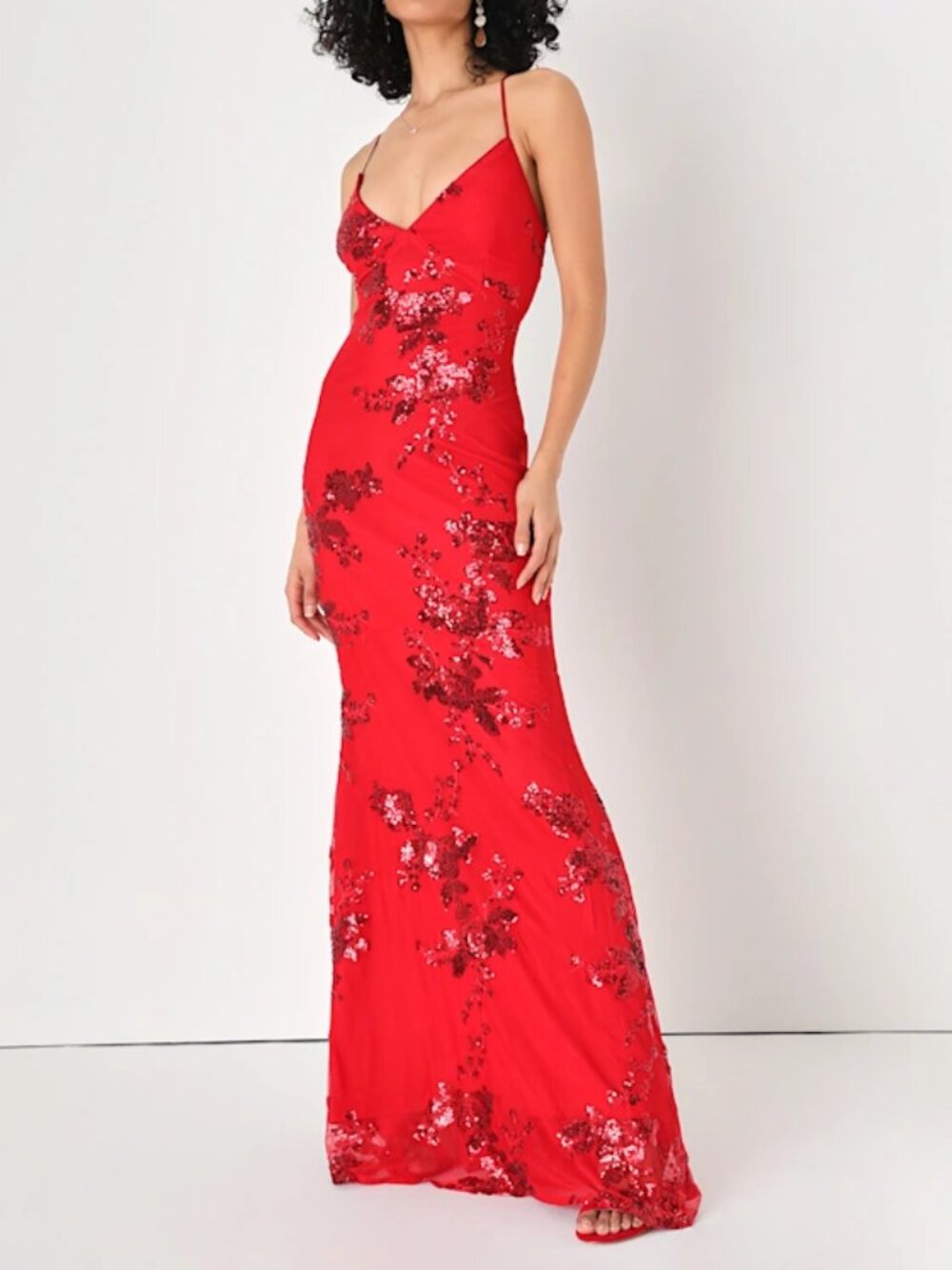 Lulus Valhalla Red Sequin Lace-Up Mermaid Maxi Dress L NWT